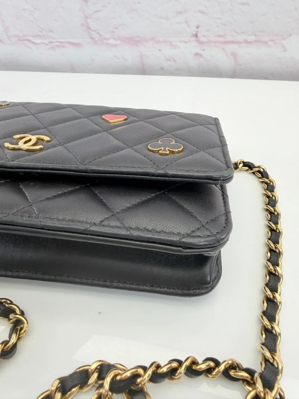 CHANEL Lambskin Quilted Enamel Coco Casino Wallet On Chain WOC Black